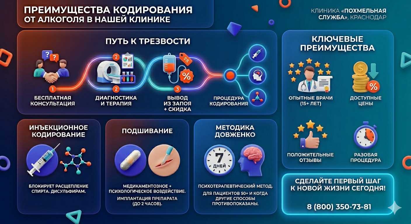 Инфографика о методах кодирования от алкоголя в Уварово: инъекции, подшивание, метод Довженко. Преимущества клиники и этапы лечения.