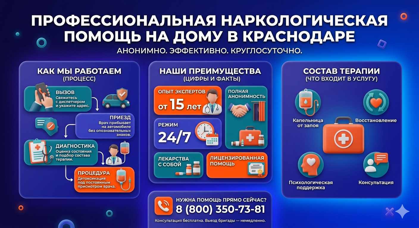Инфографика о принципах лечения алкоголизма на дому в Уварово: этапы вызова нарколога, преимущества анонимной детоксикации и состав медицинской помощи.